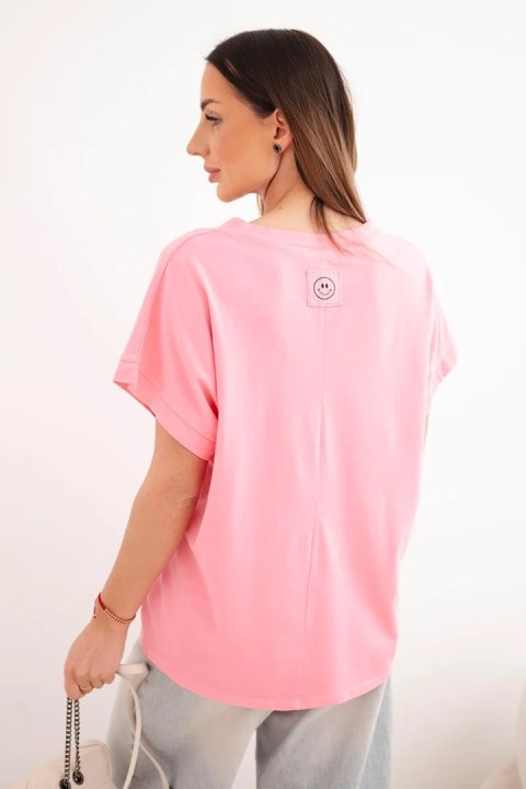 Bluzka damska bawełniana z dekoltem V i krótkim rękawem jasno różowa