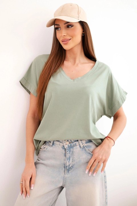 Bluzka damska bawełniana z dekoltem V i krótkim rękawem khaki