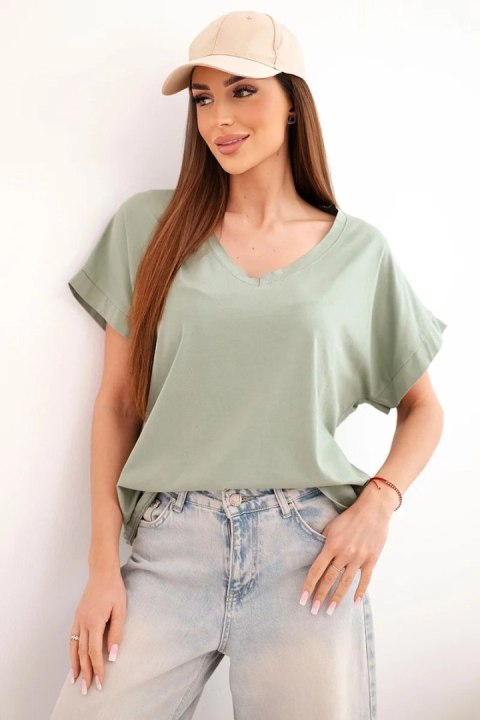 Bluzka damska bawełniana z dekoltem V i krótkim rękawem khaki