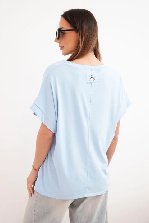 Bluzka damska bawełniana z dekoltem V i krótkim rękawem niebieska