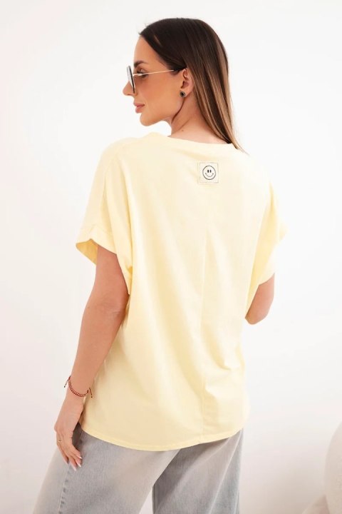 Bluzka damska bawełniana z dekoltem V i krótkim rękawem żółta