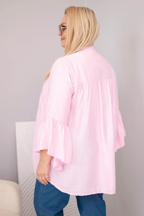 Bluzka damska wiskozowa Plus Size z falbaniastym rękawem i dekoltem V cukierkowy róż
