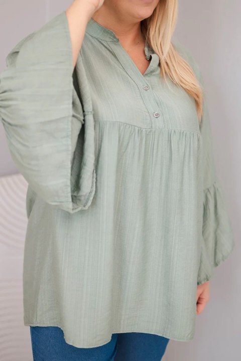 Bluzka damska wiskozowa Plus Size z falbaniastym rękawem i dekoltem V khaki