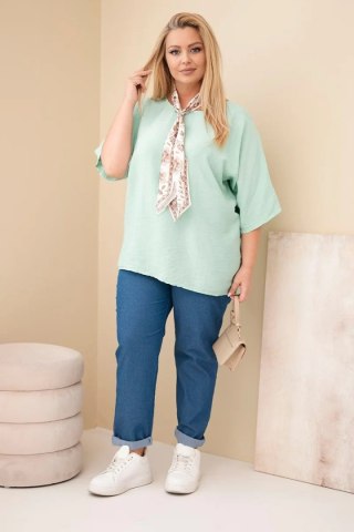 Bluzka damska wiskozowa Plus Size z krótkim rękawem i ozdobną apaszką ciemno miętowa