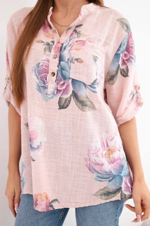 Bluzka damska z bawełny z kwiatowym wzorem pudrowy róż