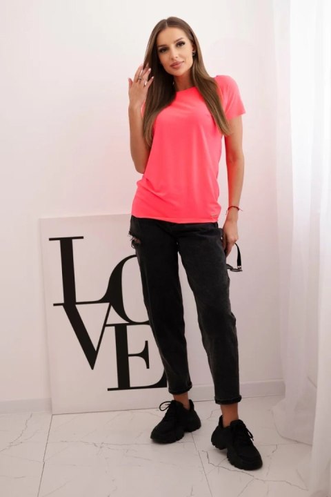 Bluzka damska z krótkim rękawem basic różowy neon