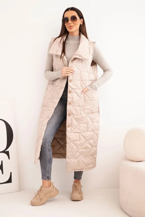 Kamizelka damska pikowana długa z kieszeniami i stójką ciemno beżowa