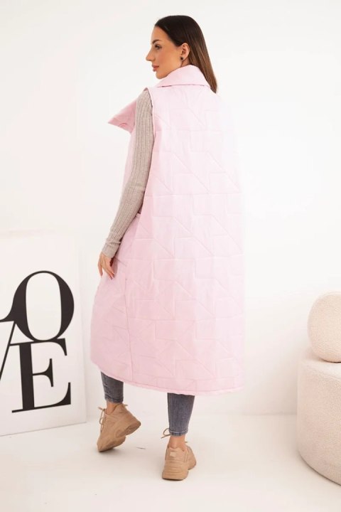 Kamizelka damska pikowana długa z kieszeniami i stójką cukierkowy róż