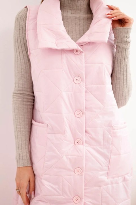 Kamizelka damska pikowana długa z kieszeniami i stójką cukierkowy róż