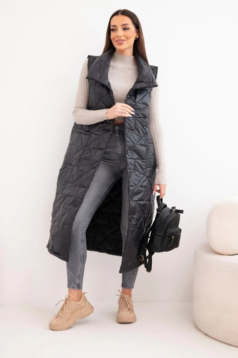 Kamizelka damska pikowana długa z kieszeniami i stójką czarna