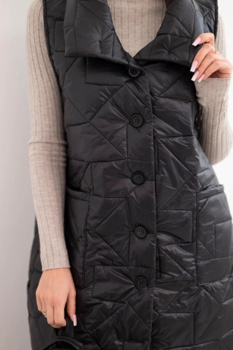Kamizelka damska pikowana długa z kieszeniami i stójką czarna