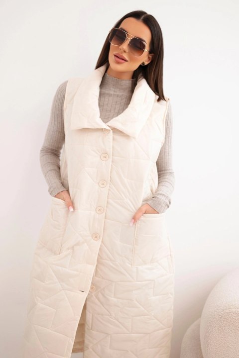 Kamizelka damska pikowana długa z kieszeniami i stójką jasno beżowa