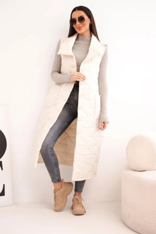 Kamizelka damska pikowana długa z kieszeniami i stójką jasno beżowa