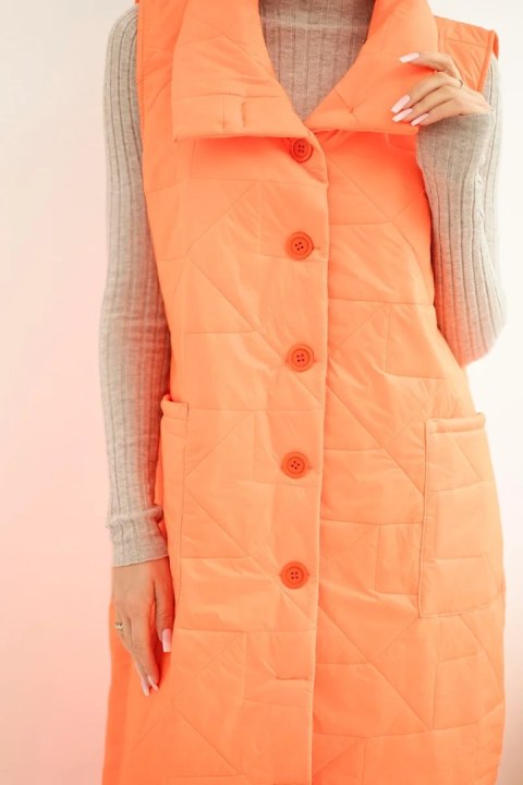 Kamizelka damska pikowana długa z kieszeniami i stójką pomarańczowy neon