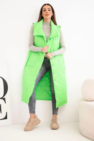 Kamizelka damska pikowana długa z kieszeniami i stójką zielony neon