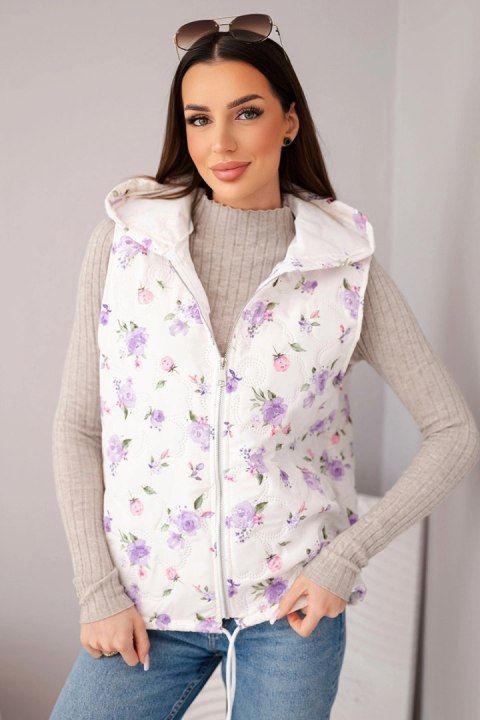 Kamizelka damska pikowana w kwiaty z kapturem fioletowa