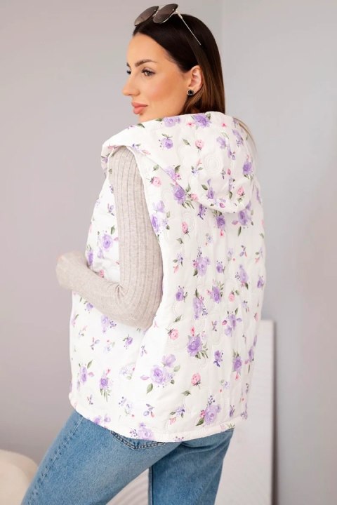Kamizelka damska pikowana w kwiaty z kapturem fioletowa