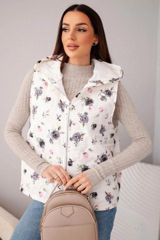 Kamizelka damska pikowana w kwiaty z kapturem grafitowa