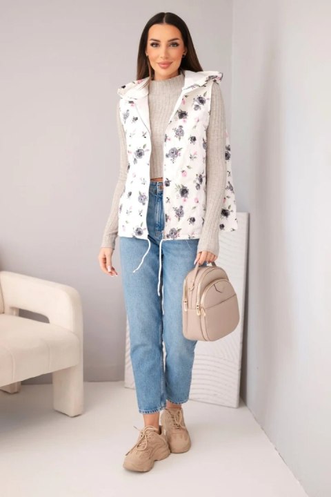 Kamizelka damska pikowana w kwiaty z kapturem grafitowa