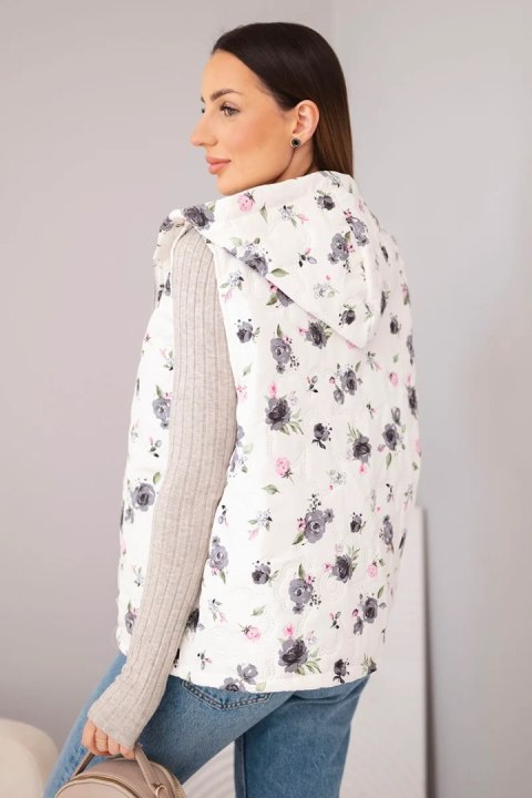 Kamizelka damska pikowana w kwiaty z kapturem grafitowa