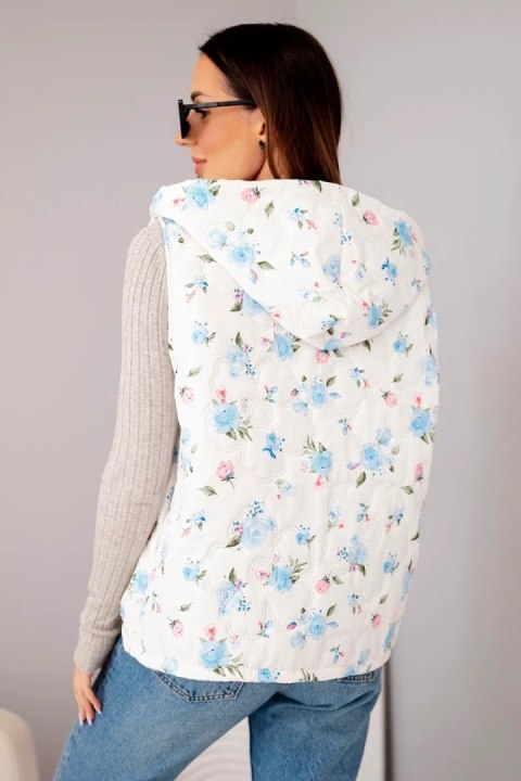 Kamizelka damska pikowana w kwiaty z kapturem niebieska