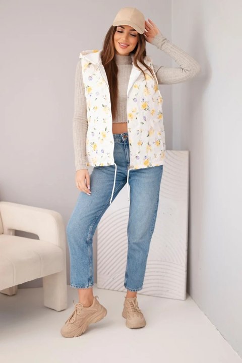 Kamizelka damska pikowana w kwiaty z kapturem żółta