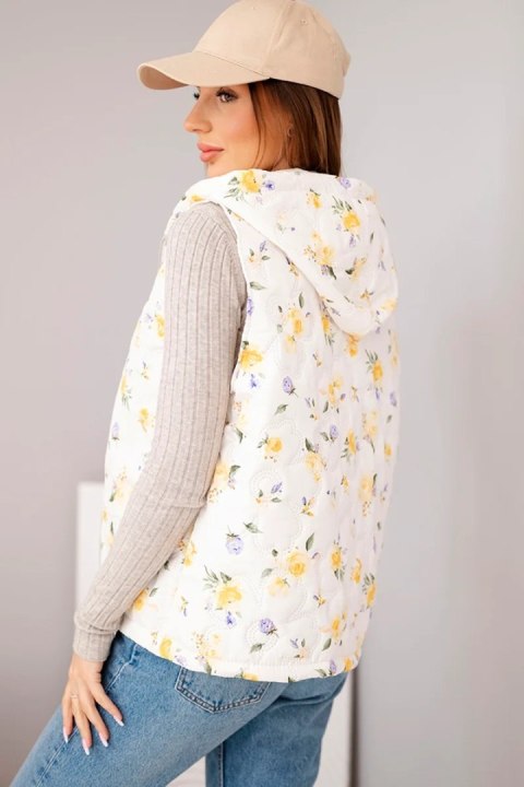 Kamizelka damska pikowana w kwiaty z kapturem żółta