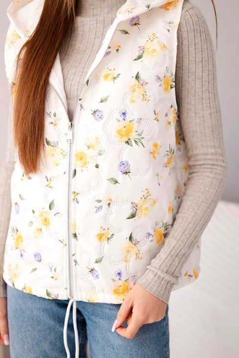 Kamizelka damska pikowana w kwiaty z kapturem żółta