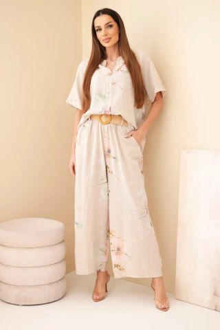 Komplet damski bawełniany z krótkim rękawem i szeroką nogawką beżowy