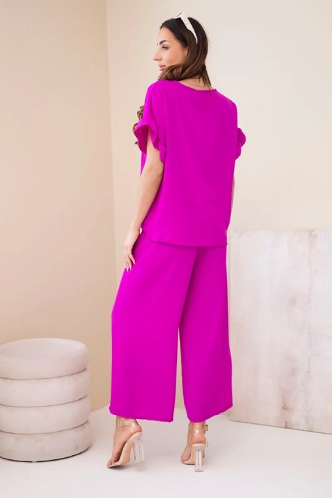 Komplet damski wiskozowy z bluzką z nadrukiem i spodniami ciemny fioletowy