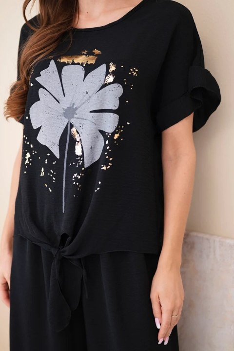 Komplet damski wiskozowy z bluzką z nadrukiem i spodniami czarny