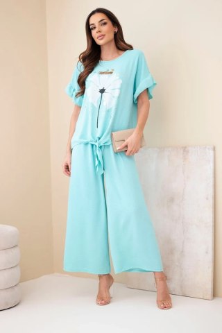 Komplet damski wiskozowy z bluzką z nadrukiem i spodniami miętowy