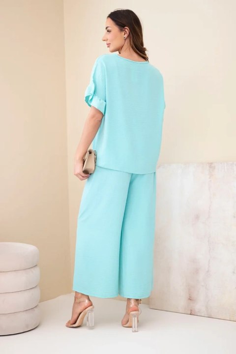 Komplet damski wiskozowy z bluzką z nadrukiem i spodniami miętowy