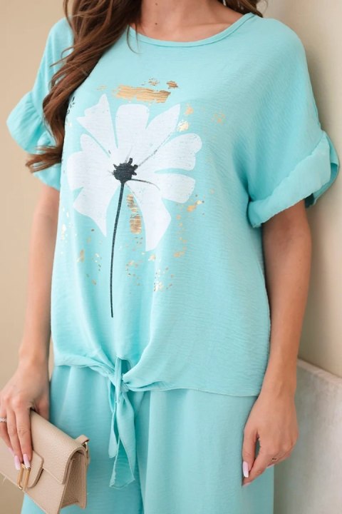 Komplet damski wiskozowy z bluzką z nadrukiem i spodniami miętowy