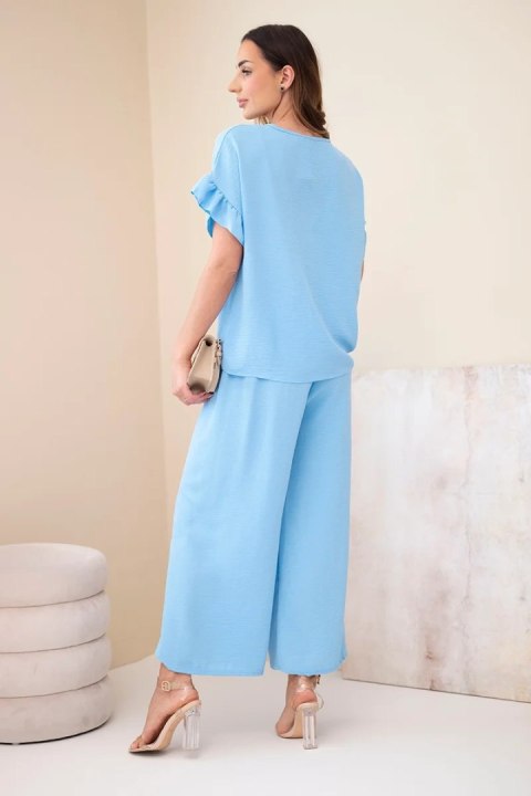 Komplet damski wiskozowy z bluzką z nadrukiem i spodniami niebieski