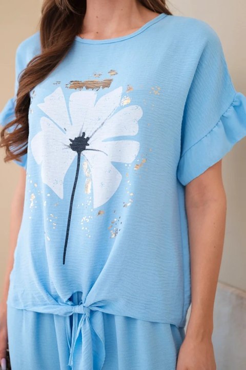 Komplet damski wiskozowy z bluzką z nadrukiem i spodniami niebieski