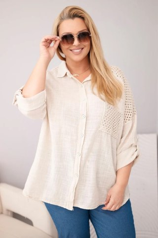 Koszula damska wiskozowa Plus Size z kołnierzykiem i koronkową wstawką beżowa