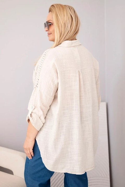 Koszula damska wiskozowa Plus Size z kołnierzykiem i koronkową wstawką beżowa