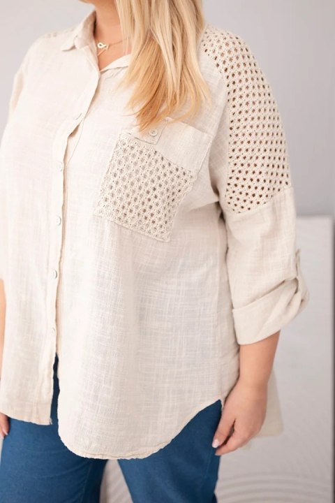 Koszula damska wiskozowa Plus Size z kołnierzykiem i koronkową wstawką beżowa