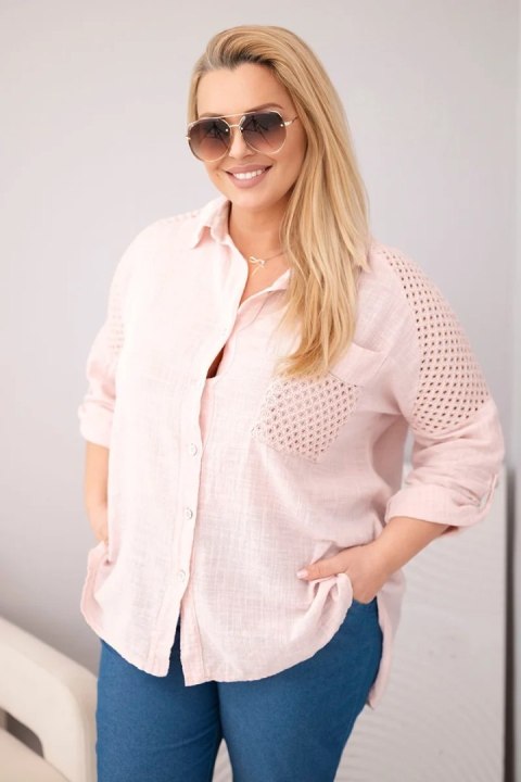 Koszula damska wiskozowa Plus Size z kołnierzykiem i koronkową wstawką ciemny pudrowy róż