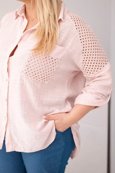 Koszula damska wiskozowa Plus Size z kołnierzykiem i koronkową wstawką ciemny pudrowy róż