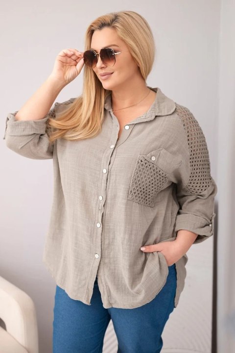 Koszula damska wiskozowa Plus Size z kołnierzykiem i koronkową wstawką fango