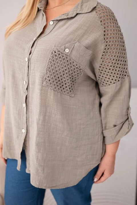 Koszula damska wiskozowa Plus Size z kołnierzykiem i koronkową wstawką fango