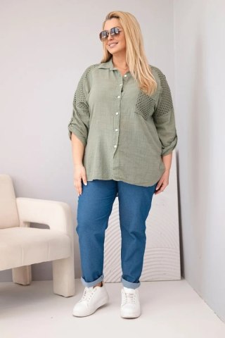 Koszula damska wiskozowa Plus Size z kołnierzykiem i koronkową wstawką khaki