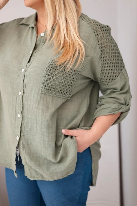 Koszula damska wiskozowa Plus Size z kołnierzykiem i koronkową wstawką khaki