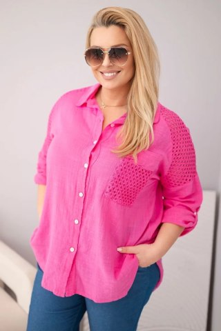 Koszula damska wiskozowa Plus Size z kołnierzykiem i koronkową wstawką różowa
