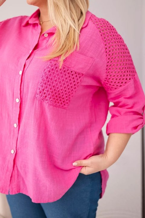 Koszula damska wiskozowa Plus Size z kołnierzykiem i koronkową wstawką różowa