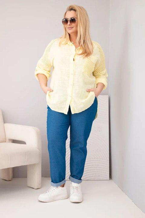 Koszula damska wiskozowa Plus Size z kołnierzykiem i koronkową wstawką żółta