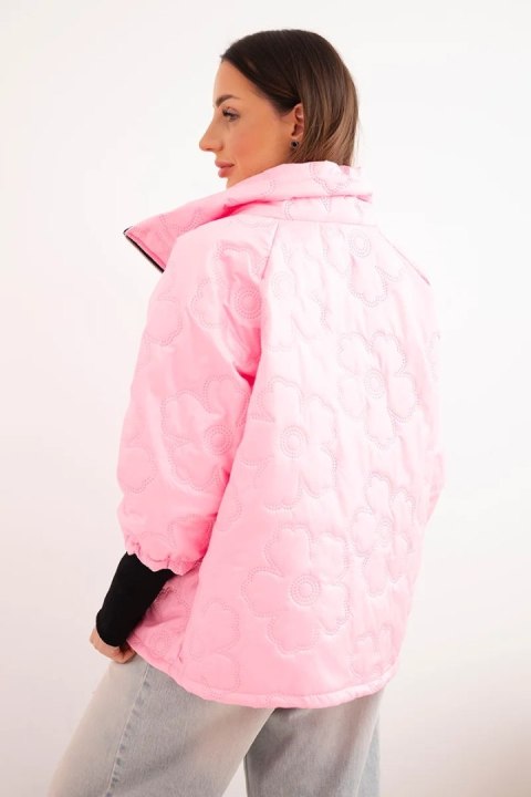 Kurtka damska wiosenna pikowana z ozdobnym tłoczeniem i zamkiem cukierkowy róż