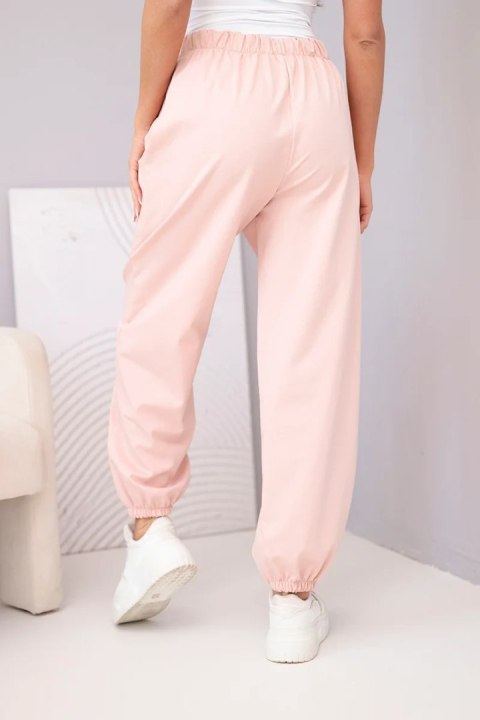 Spodnie damskie bawełniane z wysokim stanem i ozdobnym guzikiem ciemny pudrowy róż